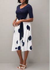Belted Navy Blue Polka Dot Cross Front Dress