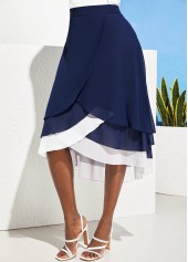 Navy Blue Layered Hem High Waisted Skirt