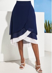 Navy Blue Layered Hem High Waisted Skirt