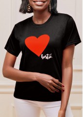 Valentines Short Sleeve Heart Print Black T Shirt