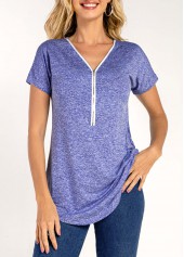 Quarter Zip Short Sleeve Purplish Blue T Shirt