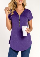 Quarter Zip Short Sleeve Purple T Shirt