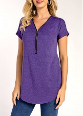 Quarter Zip Short Sleeve Purple T Shirt