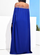 Geometric Print Front Slit Royal Blue Off Shoulder Blouse