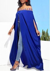 Geometric Print Front Slit Royal Blue Off Shoulder Blouse
