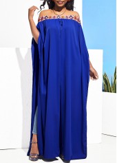 Geometric Print Front Slit Royal Blue Off Shoulder Blouse