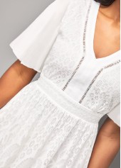 Lace Stitching V Neck Butterfly Sleeve White Dress