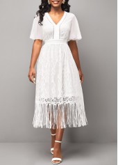 Lace Stitching V Neck Butterfly Sleeve White Dress