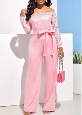 Pink Off Shoulder Lace Stitching Jumpsuit