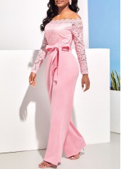 Pink Off Shoulder Lace Stitching Jumpsuit