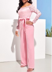 Pink Off Shoulder Lace Stitching Jumpsuit