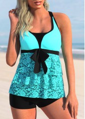 Lace Stitching Cyan Layered Hem Tankini Set