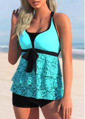 Lace Stitching Cyan Layered Hem Tankini Set