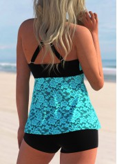 Lace Stitching Cyan Layered Hem Tankini Set