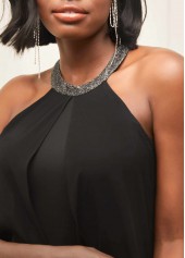 Glitter Fabric Stitching Bib Neck Black Dress