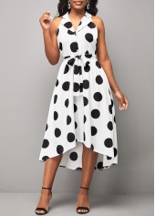 Turndown Collar Polka Dot White Belted Dress