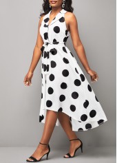 Turndown Collar Polka Dot White Belted Dress
