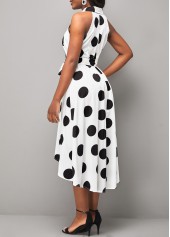Turndown Collar Polka Dot White Belted Dress