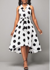 Turndown Collar Polka Dot White Belted Dress
