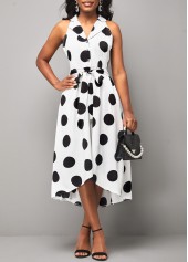 Turndown Collar Polka Dot White Belted Dress