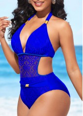 Royal Blue Halter Sheer Lace One Piece Swimwear