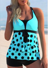 Layered Ruffle Hem Polka Dot Cyan Swimdress Set