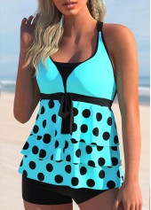 Layered Ruffle Hem Polka Dot Cyan Swimdress Set