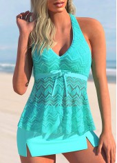 Cyan Lace Patchwork Bowknot Tankini Set