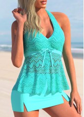 Cyan Lace Patchwork Bowknot Tankini Set