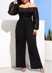 Plus Size Off Shoulder Black Buckle Belted Jumpsuit