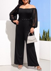 Plus Size Off Shoulder Black Buckle Belted Jumpsuit