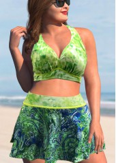 Paisley Print Green Plus Size High Waisted Bikini Set