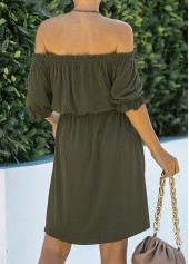 Off Shoulder Army Green Drawstring Waist Dress