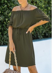 Off Shoulder Army Green Drawstring Waist Dress