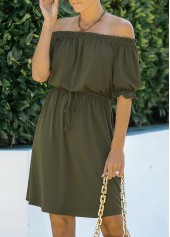 Off Shoulder Army Green Drawstring Waist Dress