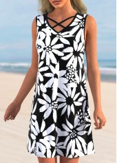 Floral Print Black Cross Strap Cover Up