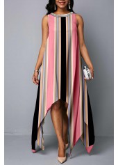 Embellished Neck Stripe Print Pink Dress