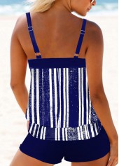 Navy Blue Double Straps Stripe Print Tankini Set