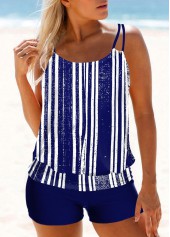 Navy Blue Double Straps Stripe Print Tankini Set