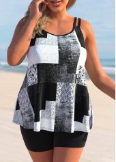 Black Geometric Print Plus Size Tankini Set