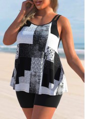 Black Geometric Print Plus Size Tankini Set