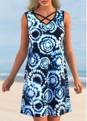 Tie Dye Print Blue Cross Strap Cover Up Dress