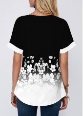 Color Block Ombre Floral Print Split Neck Blouse
