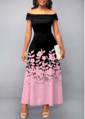 Black Floral Print Off Shoulder Dress