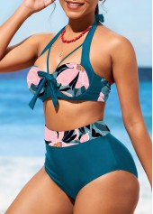 Floral Print Peacock Blue High Waisted Bikini Set