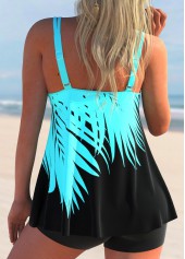 Tropical Plants Print Cyan Mid Waisted Tankini Set