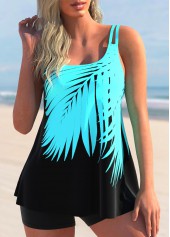 Tropical Plants Print Cyan Mid Waisted Tankini Set