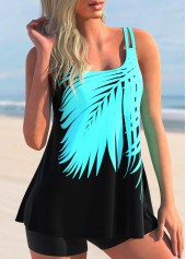 Tropical Plants Print Cyan Mid Waisted Tankini Set