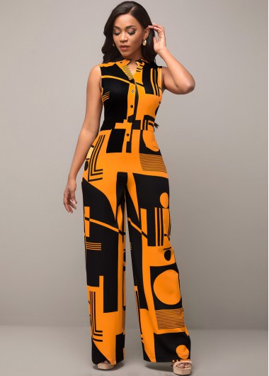 Rosewe Yellow Geometric Print Side Pocket Jumpsuit - XXL