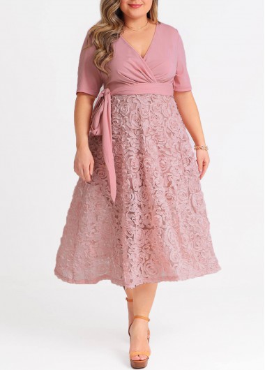 Rosewe Dusty Pink Tie Side Plus Size V Neck Wrap Dress - 3X